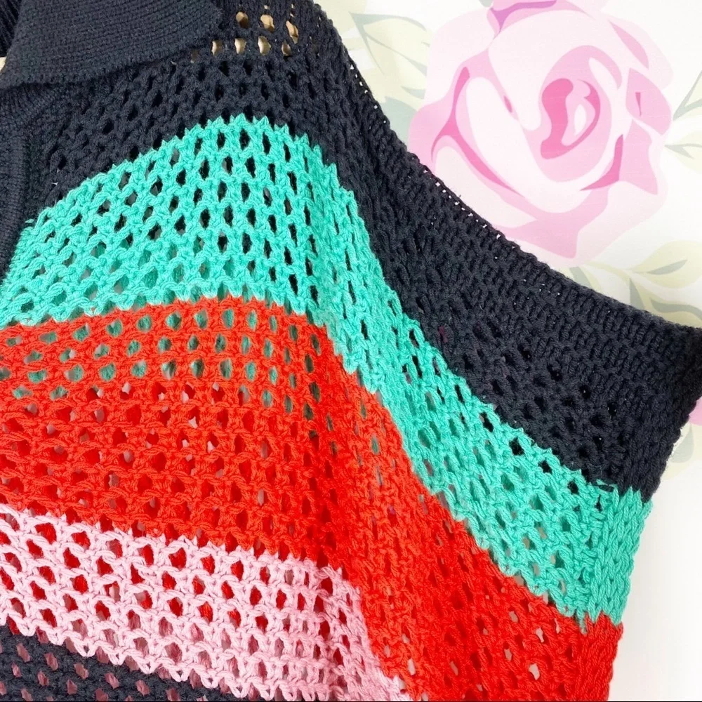 NEW Free People Bayside Stripe Black Combo Crochet Summer Beach Knit Poncho OS